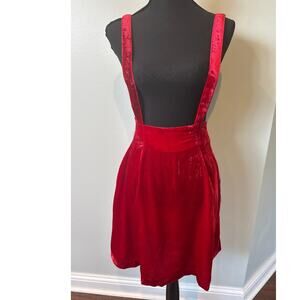 ModCloth Crushed Red Velvet Suspender Skater Skirt Red Holiday Women's Small NWT